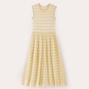 Everlane Women's Knit Pleated Dress in Bone White/Parsnip Gingham, Size Medium